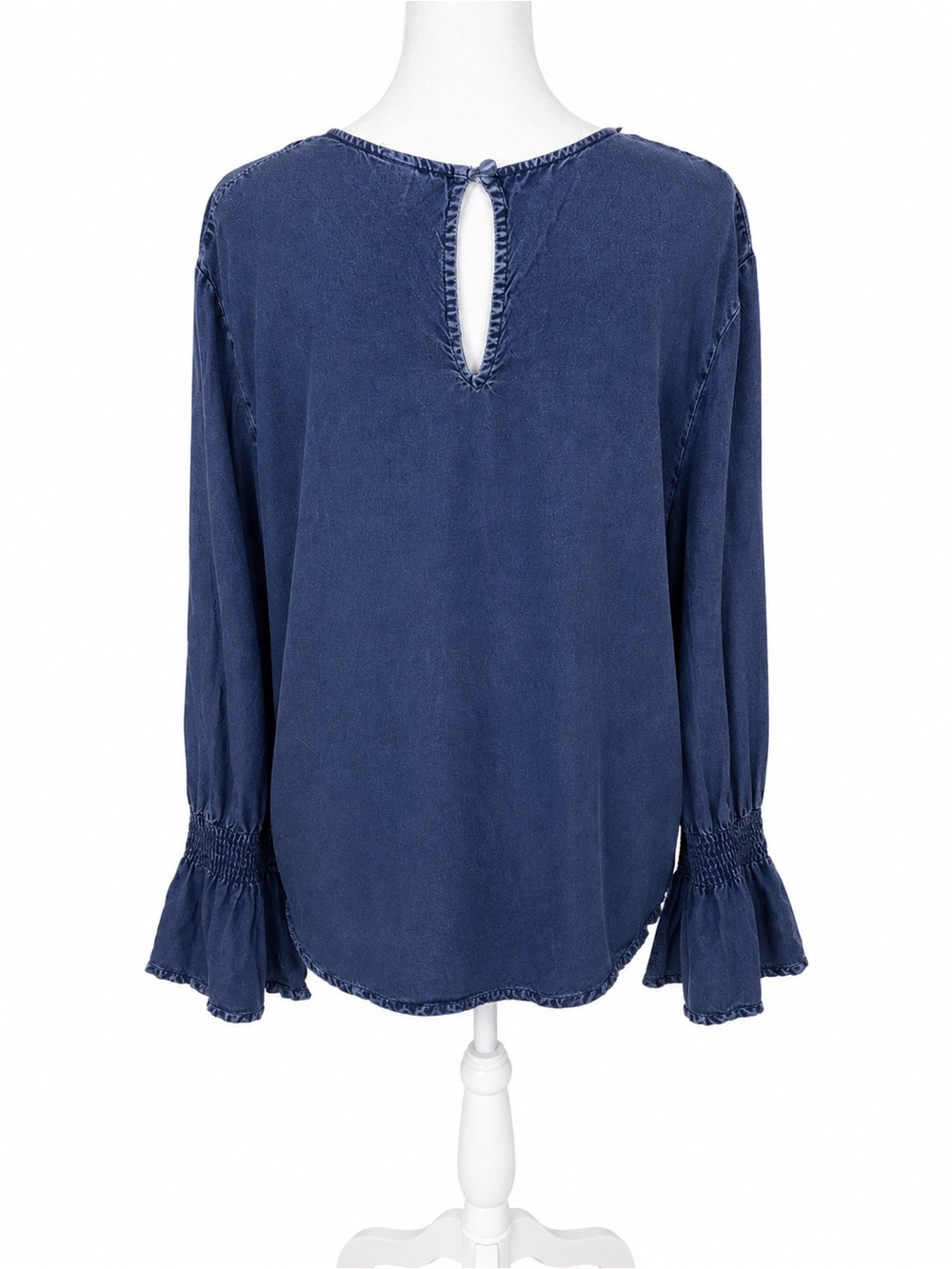 Ashley Stewart Navy Smocked Yoke Ruffle Cuff Blouse - Picture 2 of 2